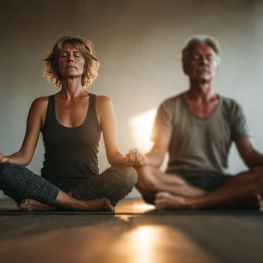 Senior practicând yoga într-o poziție de echilibru